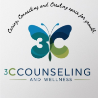 3C counseling and wellness logo with 3 and C forming a butterfly, with an arch of the words "caring, connecting and creating space for growth" above the butterfly